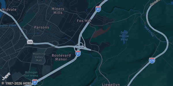 Map of Wilkes-Barre, PA. The exact address of Sports Card and Collectibles Show is not known, so the map shows the area rather than a specific building.