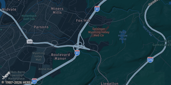 Map of Wilkes-Barre, PA. The exact address of Sports Card and Collectibles Show is not known, so the map shows the area rather than a specific building.
