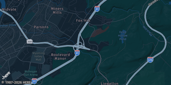 Map of Wilkes-Barre, PA. The exact address of Sports Card and Collectibles Show is not known, so the map shows the area rather than a specific building.