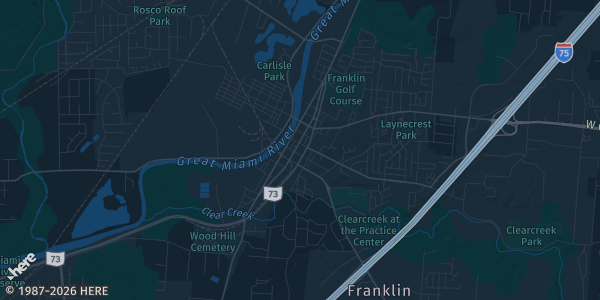 Map of Franklin, OH. The exact address of Home Field Instruction is not known, so the map shows the area rather than a specific building.