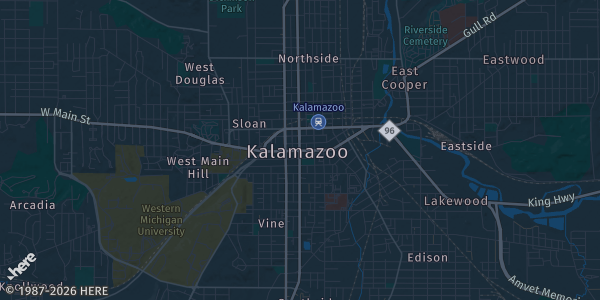 Map of Kalamazoo, MI. The exact address of Wings Stadium is not known, so the map shows the area rather than a specific building.