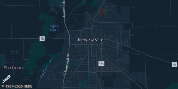 Map of New Castle, IN. The exact address of New Castle Middle School is not known, so the map shows the area rather than a specific building.