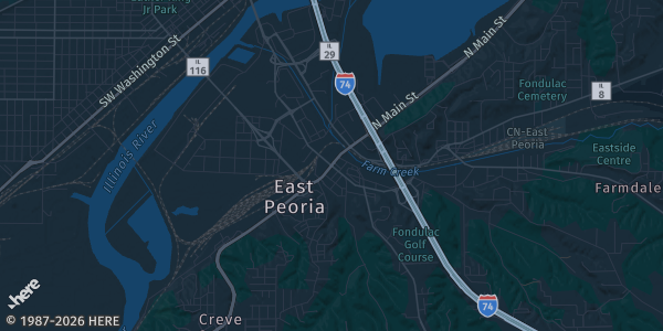 Map of East Peoria, IL. The exact address of Embassy Suites by Hilton East Peoria Riverfront Hotel & Conference Center is not known, so the map shows the area rather than a specific building.