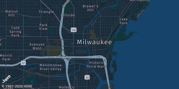 Map of Milwaukee, WI. The exact address of American Serb Hall is not known, so the map shows the area rather than a specific building.