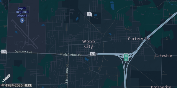 Map of Webb city, MO. The exact address of Route 66 event center is not known, so the map shows the area rather than a specific building.