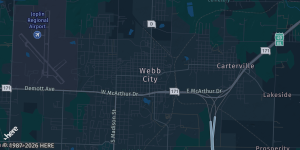 Map of Webb city, MO. The exact address of Route 66 event center is not known, so the map shows the area rather than a specific building.