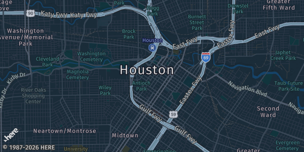 Map of Houston, TX. The exact address of Houston area (venue per organizer) is not known, so the map shows the area rather than a specific building.