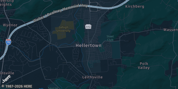 Map of Hellertown, PA. The exact address of American Legion is not known, so the map shows the area rather than a specific building.