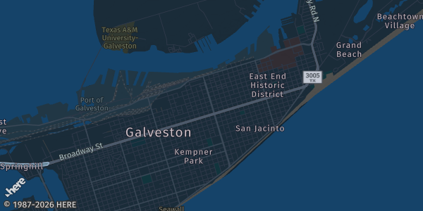 Map of Galveston, TX. The exact address of Moody Gardens Convention Center is not known, so the map shows the area rather than a specific building.