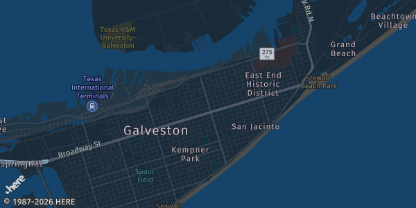 Map of Galveston, TX. The exact address of Moody Gardens Convention Center is not known, so the map shows the area rather than a specific building.