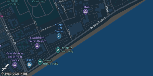 Map showing Galveston Island Convention Center in Galveston, TX.