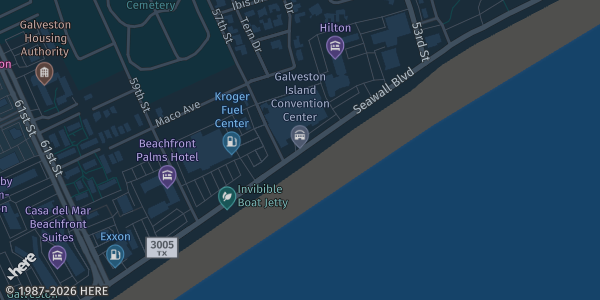 Map showing Galveston Island Convention Center in Galveston, TX.