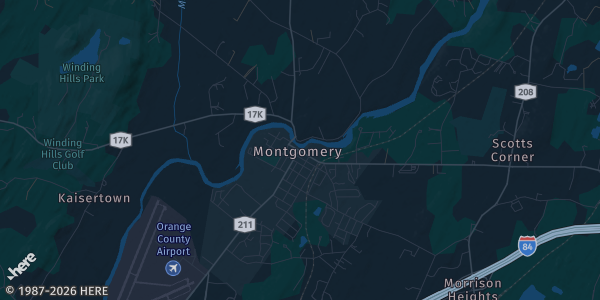 Map of Montgomery, NY. The exact address of Montgomery Senior Center is not known, so the map shows the area rather than a specific building.