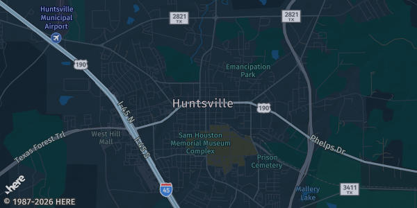 Map of Huntsville, TX. The exact address of Texas Prison Museum is not known, so the map shows the area rather than a specific building.