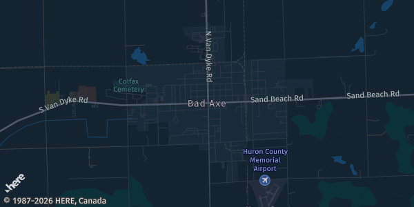 Map of Bad Axe, MI. The exact address of Franklin Inn is not known, so the map shows the area rather than a specific building.