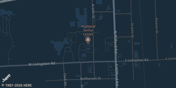 Map showing Highland Activity Center in Highland, MI.
