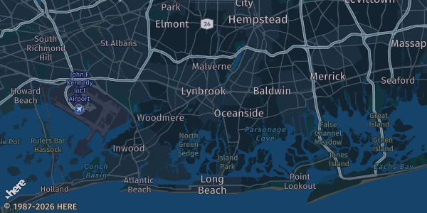 Map of East Rockaway, NY. The exact address of Bethany Church is not known, so the map shows the area rather than a specific building.
