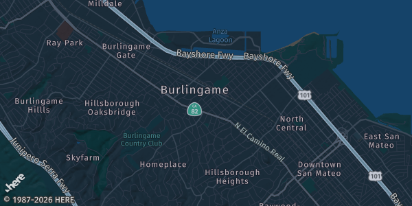 Map of Burlingame, CA. The exact address of Hyatt Burlingame is not known, so the map shows the area rather than a specific building.