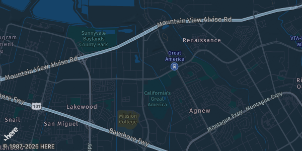 Map of Santa Clara, CA. The exact address of Santa Clara Convention Center, 5001 Great America Pkwy is not known, so the map shows the area rather than a specific building.