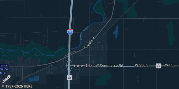 Map of Daleville, IN. The exact address of Daleville High School is not known, so the map shows the area rather than a specific building.