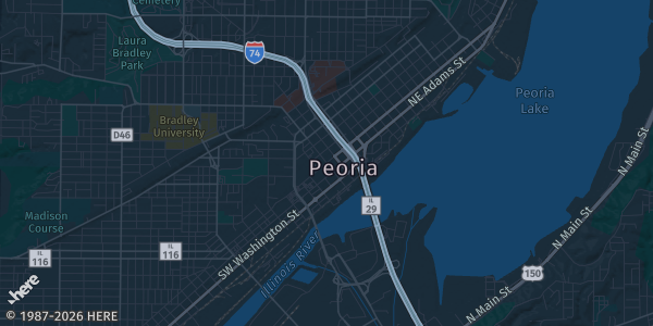 Map of Peoria, IL. The exact address of Peoria Civic Center is not known, so the map shows the area rather than a specific building.