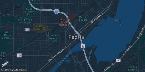 Map of Peoria, IL. The exact address of Peoria Civic Center is not known, so the map shows the area rather than a specific building.