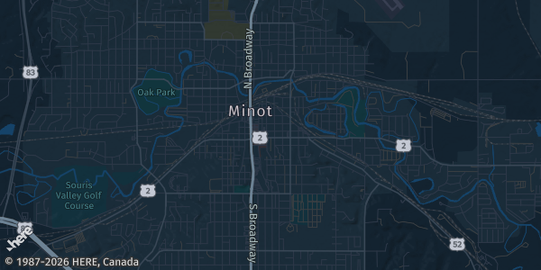 Map of Minot, ND. The exact address of State Fair Center is not known, so the map shows the area rather than a specific building.