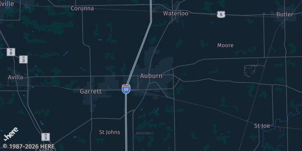 Map of Auburn, IN. The exact address of The Hangar Room-Kruse Plaza is not known, so the map shows the area rather than a specific building.