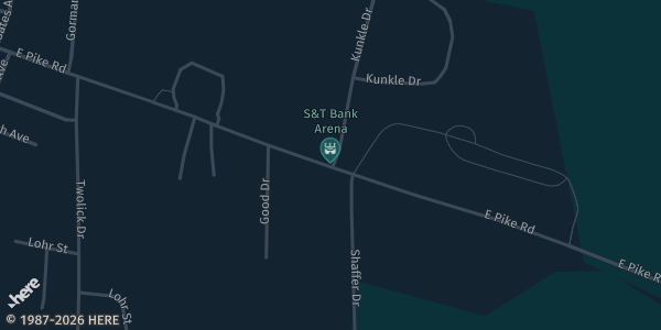 Map showing S&T Bank Arena in Indiana, PA.