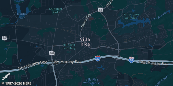 Map of Villa Rica, GA. The exact address of The Mill Amphitheatre is not known, so the map shows the area rather than a specific building.