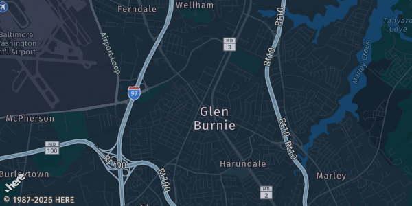 Map of Glen Burnie, MD. The exact address of Marley Station Mall is not known, so the map shows the area rather than a specific building.