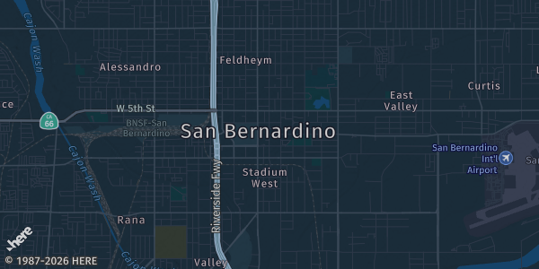 Map of San Bernardino, CA. The exact address of 320 Premier Hall is not known, so the map shows the area rather than a specific building.