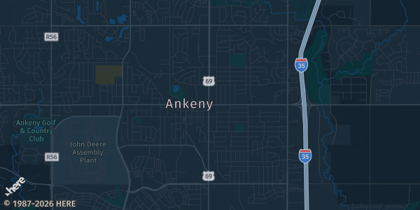 Map of Ankeny, IA. The exact address of Courtyard Marriott is not known, so the map shows the area rather than a specific building.