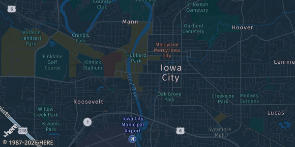 Map of Iowa City, IA. The exact address of Johnson County Fairgrounds Building C is not known, so the map shows the area rather than a specific building.