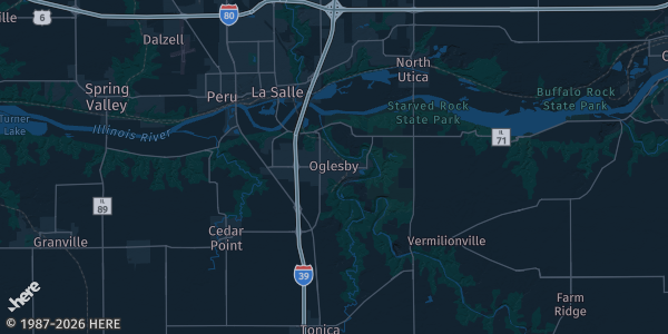 Map of Oglesby, IL. The exact address of IVCC Gymnasium is not known, so the map shows the area rather than a specific building.