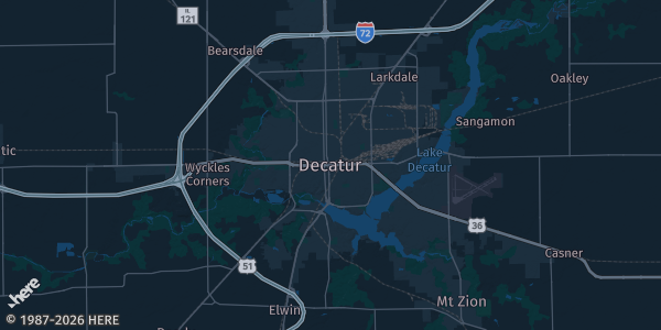 Map of Decatur, IL. The exact address of Decatur Inside Sports Center DISC is not known, so the map shows the area rather than a specific building.