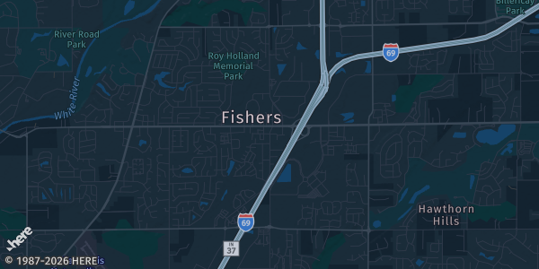Map of Fishers, IN. The exact address of American Legion Post 470 is not known, so the map shows the area rather than a specific building.