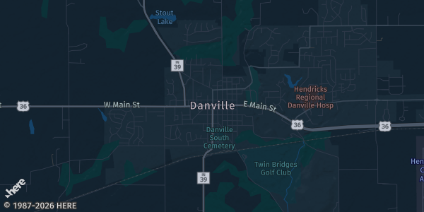 Map of Danville, IN. The exact address of Hendricks County Fairgrounds is not known, so the map shows the area rather than a specific building.