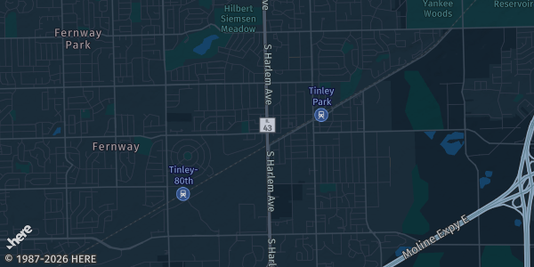 Map of Tinley Park, IL. The exact address of Odyssey Fun World is not known, so the map shows the area rather than a specific building.