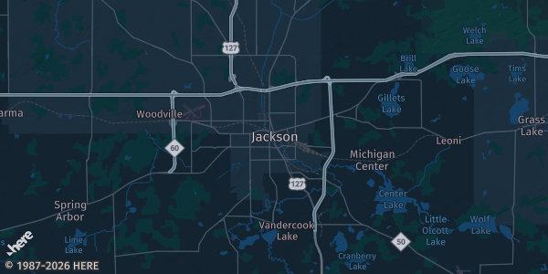Map of Jackson, MI. The exact address of American Legion Post 29 is not known, so the map shows the area rather than a specific building.