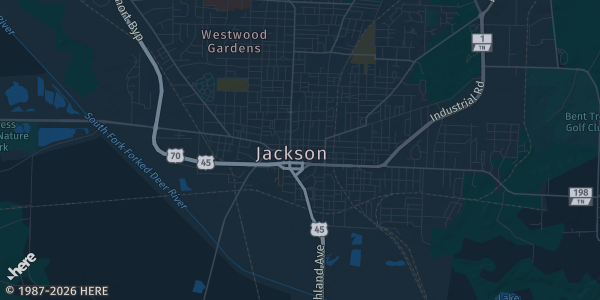 Map of Jackson, TN. The exact address of Clarion Hotel is not known, so the map shows the area rather than a specific building.