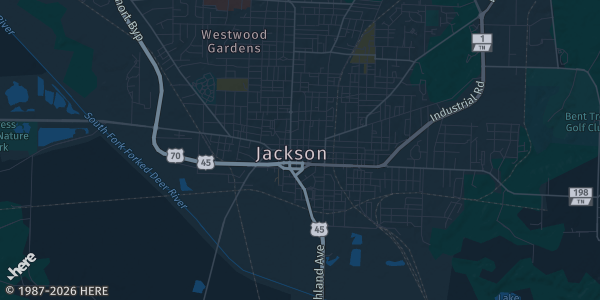 Map of Jackson, TN. The exact address of Clarion Hotel is not known, so the map shows the area rather than a specific building.