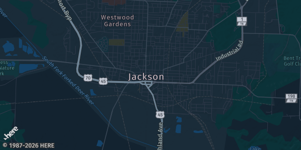 Map of Jackson, TN. The exact address of Clarion Hotel is not known, so the map shows the area rather than a specific building.