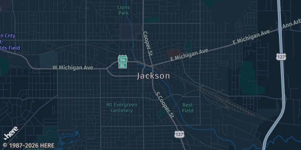 Map of Jackson, MI. The exact address of American Legion is not known, so the map shows the area rather than a specific building.
