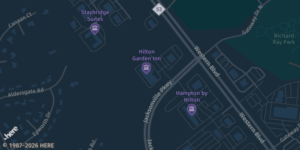 Map showing Hilton Garden Inn in Jacksonville, NC.