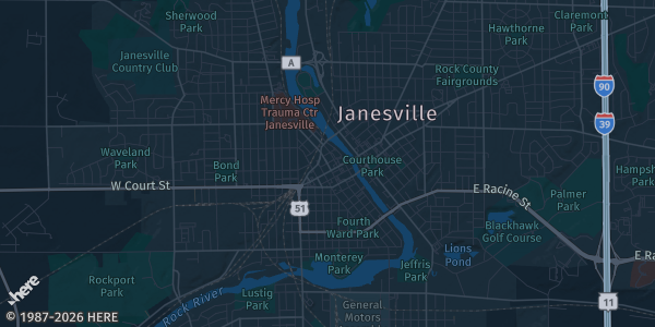 Map of Janesville, WI. The exact address of Woodman's Sports & Convention Center is not known, so the map shows the area rather than a specific building.