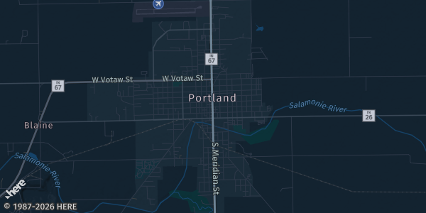 Map of Portland, IN. The exact address of Jay County Fairgrounds is not known, so the map shows the area rather than a specific building.