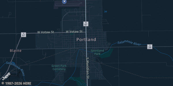 Map of Portland, IN. The exact address of Jay County Fairgrounds is not known, so the map shows the area rather than a specific building.