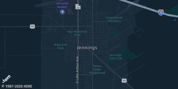 Map of Jennings, LA. The exact address of Jennings Multi Purpose Building is not known, so the map shows the area rather than a specific building.