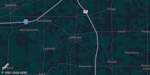 Map of Jefferson, OH. The exact address of 104 E Jefferson St. Jefferson is not known, so the map shows the area rather than a specific building.